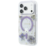Dėklas Guess Resin Flowers Glitter MagSafe do iPhone 18 Pro Max / 17 Pro Max violetinė