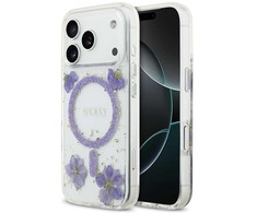 GUESS dėklas IPHONE 17 Pro, suderinamas su MagSafe GUHMP17LRBFGFGMU (dervos gėlės ir blizgučiai), violetinė