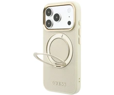 Dėklas Guess Ring Stand 360 Grained Classic Logo MagSafe do iPhone 18 Pro Max / 17 Pro Max smėlio spalva