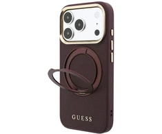 Dėklas Guess Ring Stand 360 Grained Classic Logo MagSafe do iPhone 18 Pro / 17 Pro bordo spalvos
