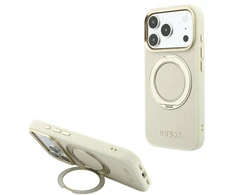 Dėklas Guess Ring Stand 360 Grained Classic Logo MagSafe do iPhone 18 Pro Max / 17 Pro Max smėlio spalva