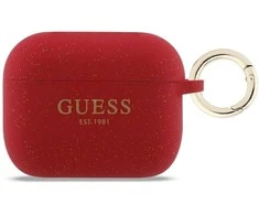„Guess“ silikoninis blizgučių žiedinis dėklas, skirtas „AirPods Pro 3“ ausinėms – Raudona ir blizgučiai