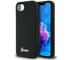 Dėklas Guess Silicone Script Metal Logo MagSafe iPhone 16e Case - Juodas