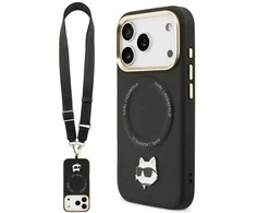Karl Lagerfeld Big Strap Choupette Metal Logo MagSafe dėklas skirtas Apple iPhone 17 Pro Max juodos spalvos