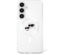 Karl Lagerfeld Button Karl &amp; Choupette Heads Printed Logo MagSafe Samsung Galaxy S25 Plus dėklas telefonui baltos spalvos