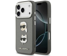 Karl Lagerfeld FW Grained Karl &amp; Choupette Heads Pins &amp; Logo dėklas skirtas Apple iPhone 17 Pro pilkos spalvos