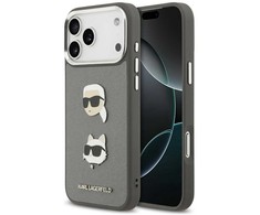 Karl Lagerfeld FW Grained Karl &amp; Choupette Heads Pins &amp; Logo dėklas skirtas Apple iPhone 17 Pro Max pilkos spalvos