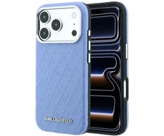 Dėklas Karl Lagerfeld Grained Allover Logo Metal Elongated MagSafe skirtas iPhone 18 Pro / 17 Pro mėlynas