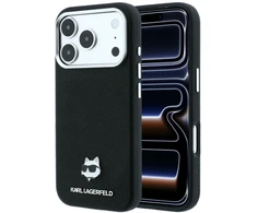Karl Lagerfeld Grūdėtos odos Choupette galva Metal MagSafe dėklas, skirtas iPhone 17 Pro / 18 Pro - Juoda