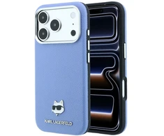 Karl Lagerfeld dėklas, skirtas iPhone 18 Pro / 17 Pro, suderinamas su MagSafe (Choupette Head Metal raštu, grūdėtos tekstūros) šviesiai mėlynas