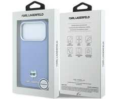 Karl Lagerfeld dėklas, skirtas iPhone 18 Pro / 17 Pro, suderinamas su MagSafe (Choupette Head Metal raštu, grūdėtos tekstūros) šviesiai mėlynas