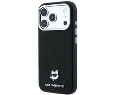 Karl Lagerfeld Grūdėtos odos Choupette galva Metal MagSafe dėklas, skirtas iPhone 17 Pro / 18 Pro - Juoda