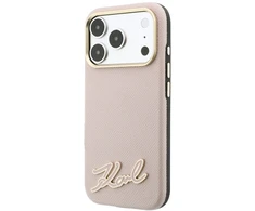 Dėklas Karl Lagerfeld Grained with Resin Signature Logo MagSafe, skirtas iPhone 18 Pro / 17 Pro, rožinis