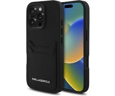 Karl Lagerfeld HC grūdėtas PU kortelių lizdas metalinis pailgas iPhone 16 Pro dėklas – Juodas