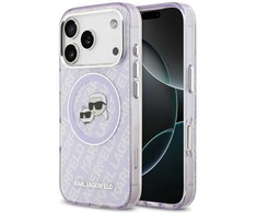 Karl Lagerfeld IML Glitter Karl &amp; Choupette Heads Logo MagSafe dėklas skirtas Apple iPhone 17 Pro Violetinė