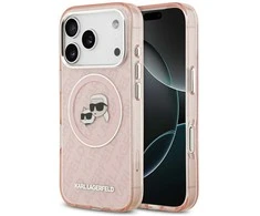 Karl Lagerfeld IML Glitter Karl &amp; Choupette Heads Logo MagSafe dėklas skirtas Apple iPhone 17 Pro rožinės spalvos