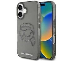 Karl Lagerfeld IML Rhinestones Karl Head Apple iPhone 16 dėklas telefonui juodos spalvos