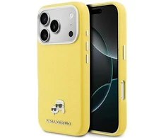 Karl Lagerfeld PU Karl and Choupette Heads Pins MagSafe dėklas skirtas Apple iPhone 17 Pro Max Geltona