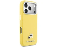 Karl Lagerfeld PU Karl and Choupette Heads Pins MagSafe dėklas skirtas Apple iPhone 17 Pro Max Geltona
