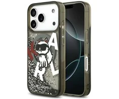 Dėklas Original Pouch Karl Lagerfeld Liquid Glitter Choupette Logo MagSafe skirtas Apple iPhone 17 Pro juodos spalvos