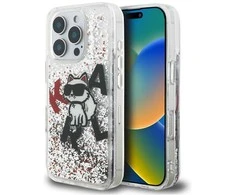 Karl Lagerfeld Liquid Blizgučiais puoštas „Choupette“ logotipo dėklas, skirtas iPhone 16 Pro – skaidrus