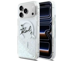 „Karl Lagerfeld“ skysto blizgučio „Karl Script“ logotipo „MagSafe“ dėklas, skirtas „iPhone 17 Pro Max“ – skaidrus