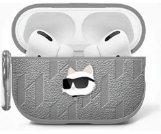 Dėklas Karl Lagerfeld Monogram Choupette Head AirPods 4 sidabro spalvos
