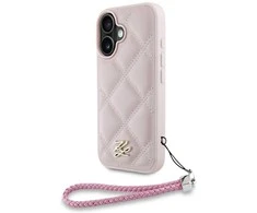 Dėklas Karl Lagerfeld dygsniuotas inicialų logotipas ir grandinėlės formos dirželis iPhone 16 telefonui - Rožinė