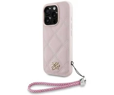 Dėklas Karl Lagerfeld dygsniuotas inicialų logotipas ir grandinėlės formos dirželis iPhone 16 Pro telefonui - Rožinė