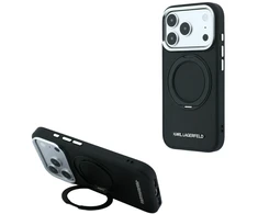 Karl Lagerfeld PU Saffiano dėklas su žiediniu stovu ir MagSafe funkcija, skirtas iPhone 18 Pro, juodas