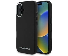 Karl Lagerfeld Saffiano Full Wrapped Elongated Metal Logo MagSafe Apple iPhone 16 dėklas telefonui juodos spalvos