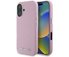 Karl Lagerfeld Saffiano Full Wrapped Elongated Metal Logo MagSafe Apple iPhone 16 dėklas telefonui rožinės spalvos