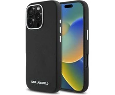 Karl Lagerfeld Saffiano Full Wrapped Elongated Metal Logo MagSafe Apple iPhone 16 Pro Max dėklas telefonui juodos spalvos