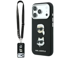 Dėklas Karl Lagerfeld Saffiano Karl&amp;Choupette Heads Pins Strap Logo Case for iPhone 18 Pro / 17 Pro - Juodas