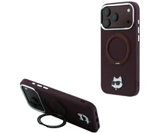 Dėklas Karl Lagerfeld with Ring Stand 360 Choupette Head Pin MagSafe do iPhone 18 Pro / 17 Pro bordo spalvos