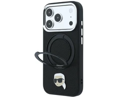 Dėklas Karl Lagerfeld with Ring Stand 360 Karl Head Pin MagSafe Case for iPhone 18 Pro Max / 17 Pro Max - Juodas