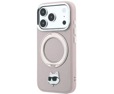 Dėklas Karl Lagerfeld with Ring Stand 360 Choupette Head Pin MagSafe do iPhone 18 Pro Max / 17 Pro Max rožinė