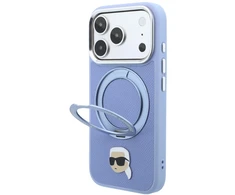 Dėklas Karl Lagerfeld su žiedu-stovu 360 Karl Head Pin MagSafe, skirtas iPhone 18 Pro Max / 17 Pro Max, šviesiai mėlynas