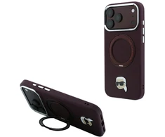 Dėklas Karl Lagerfeld su žiediniu stovu 360 Karl Head Pin MagSafe, skirtas iPhone 18 Pro / 17 Pro, bordo spalvos