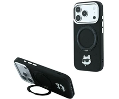 Dėklas Karl Lagerfeld with Ring Stand 360 Choupette Head Pin MagSafe Case for iPhone 18 Pro / 17 Pro - Juodas
