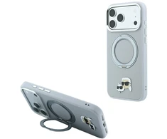 Dėklas Karl Lagerfeld with Ring Stand 360 Karl &amp; Choupette Heads Pin MagSafe Case for iPhone 18 Pro / 17 Pro - Gray