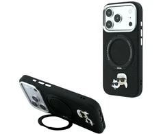 Dėklas Karl Lagerfeld with Ring Stand 360 Karl &amp; Choupette Heads Pin MagSafe do iPhone 18 Pro / 17 Pro juoda