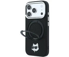 Dėklas Karl Lagerfeld with Ring Stand 360 Choupette Head Pin MagSafe Case for iPhone 18 Pro Max / 17 Pro Max - Juodas