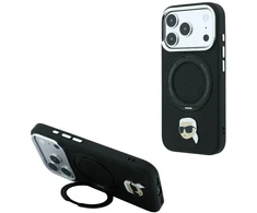 Dėklas Karl Lagerfeld with Ring Stand 360 Karl Head Pin MagSafe do iPhone 18 Pro / 17 Pro juoda