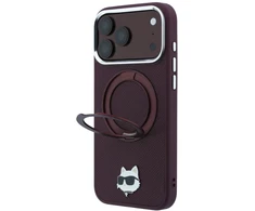 Dėklas Karl Lagerfeld with Ring Stand 360 Choupette Head Pin MagSafe do iPhone 18 Pro / 17 Pro bordo spalvos