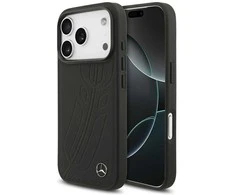 Original dėklas MERCEDES Leather Large Laurel Leave MagSafe skirtas Apple iPhone 17 Pro juodos spalvos