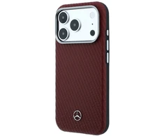 Dėklas Mercedes Leather Semi Wrap Wood Effect MagSafe Case for iPhone 17 Pro - Raudona