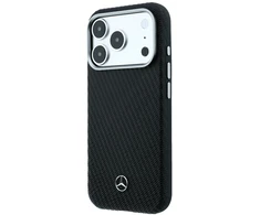 Dėklas Mercedes Leather Semi Wrap Wood Effect MagSafe skirtas iPhone 18 Pro Max / 17 Pro Max juodas