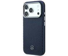 Dėklas Mercedes Leather Semi Wrap Wood Effect MagSafe Case for iPhone 17 Pro - Navy Mėlyna