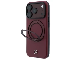 Dėklas Mercedes Leather with Ring Stand MagSafe do iPhone 18 Pro Max / 17 Pro Max bordo spalvos